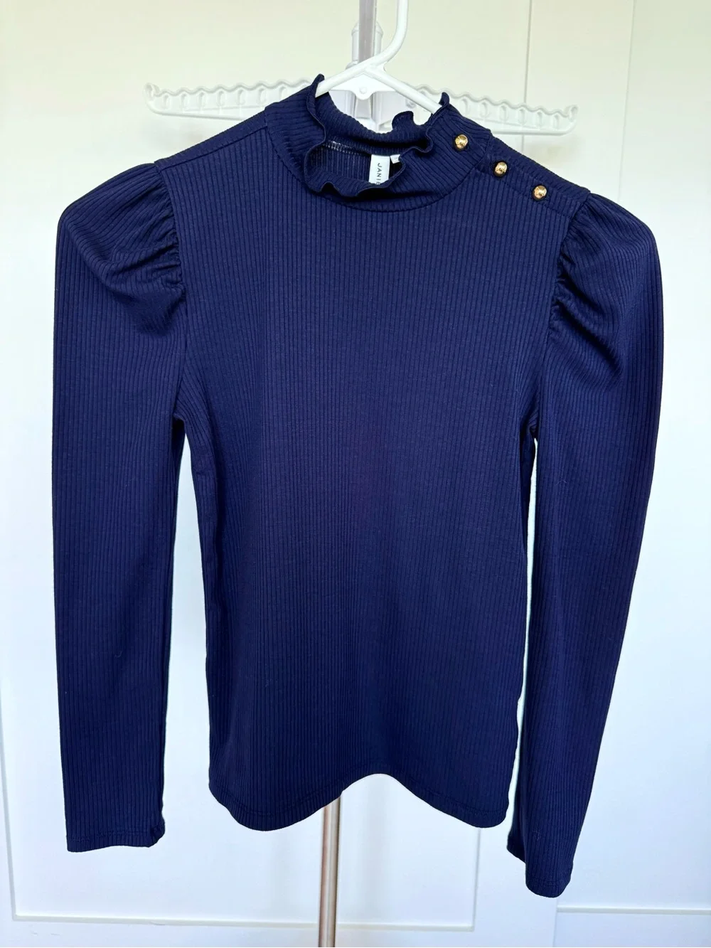 Janie and Jack Girl Navy Ribbed Mock Neck Top with Puff Sleeves and Gold Buttons